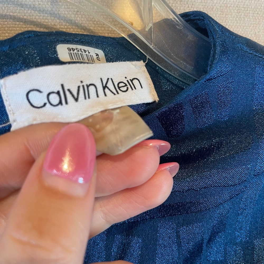 Calvin Klein Teal Blue Geometric Jacquard Short Sleeve Blouse High Neck Top - Picture 7 of 8